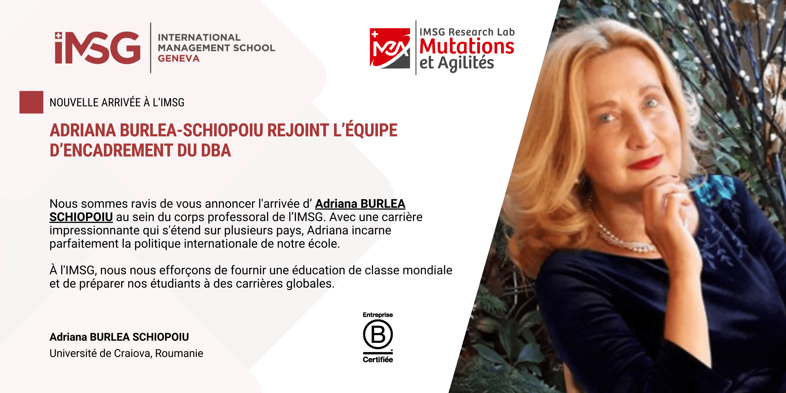 Adriana Burlea-Schiopoiu rejoint l’équipe d’encadrement du DBA